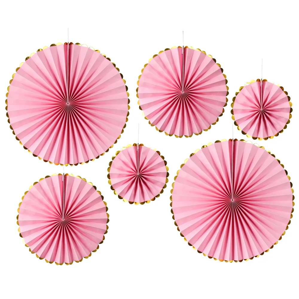 

6pcs /Set DIY Craft Gold Edge Paper Hanging Paper Fan for Wedding Birthday Party Home Decoration Store Festival Decor