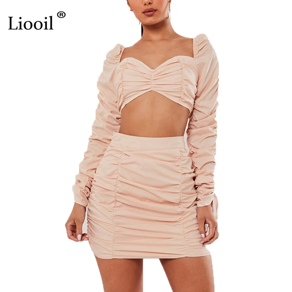 Liooil/женский комплект из двух предметов, сексуальное мини-платье с рюшами,, длинные рукава, обтягивающие короткие платья, женские вечерние платья для ночного клуба
