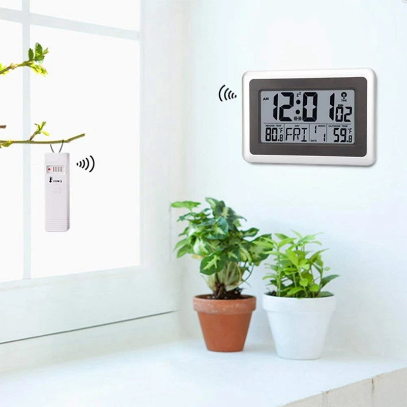 Digital Atomic Wall Clock, Desk Alarm Clock, Battery Operated With Wireless Sensor 300 Ft / 100 Meter Range, Large Lcd Display