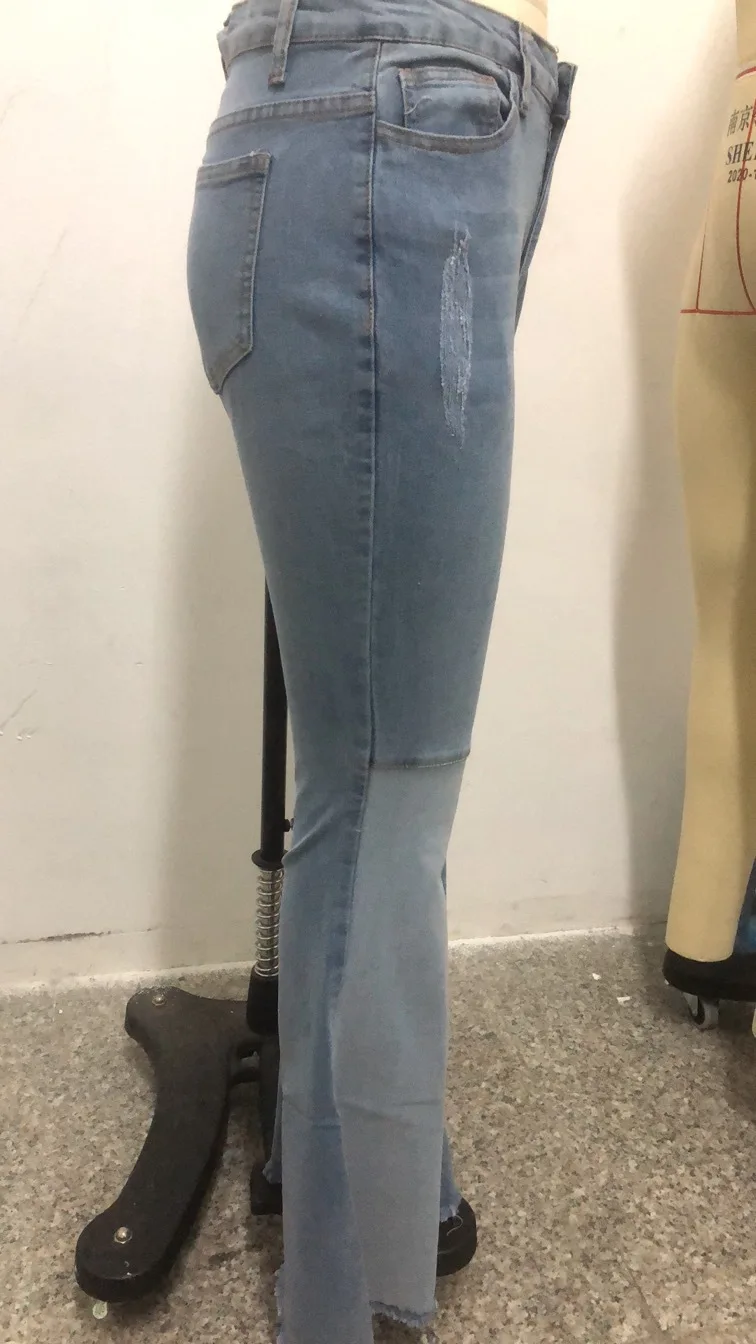 patchwork jeans Blue Patchwork Flared Jeans For Women Stretch Ripped Streetwear Denim Trousers Flared Pants Lady Slim Denim Boot Cut Pants wide leg jeans