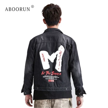

ABOORUN Big M Letters Printed Denim Jackets Men's Vintage Ripped Denim Jackets Autumn Cotton Coat for Male