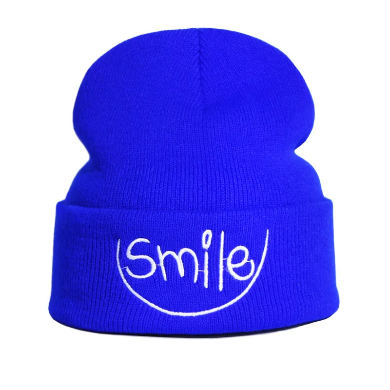 Autumn And Winter New Letters Smile Embroidery Wool Hat, Ladies Wild Thin Cuff Knit Hat, Men Skully Cap