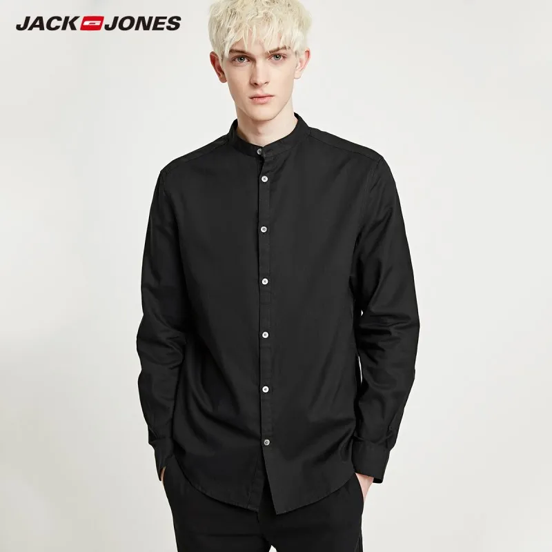 JackJones Мужская рубашка из хлопка, однотонная деловая повседневная мужская одежда 219105566 - Цвет: BLACK INK