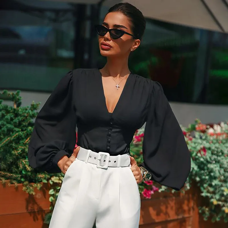

2019 Sexy V-neck Low-chest High-waist and Short-style High-waist Black V-Neck Lantern Sleeve Blouse Women Black Shirt