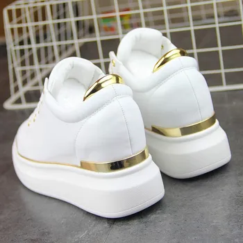 

QWEDF 2019 New Hidden Heels Women Platform Wedge Sneakers Ladies Leather Golden Silver White Shoes Female Krasovki Tenis G1-4