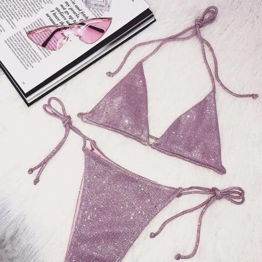 Femmes rembourré string Bikini 2 pièces brésilien licou cravates maillot de bain paillettes