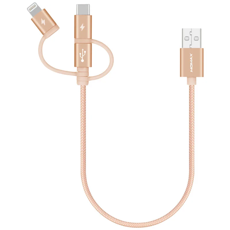 Кабель 3 в 1 Momax DX2 elite(Micro через lightning через USB c-30cm) Сертификация MFI apple три вида интерфейса Быстрая зарядка - Цвет: Cheek is red gold