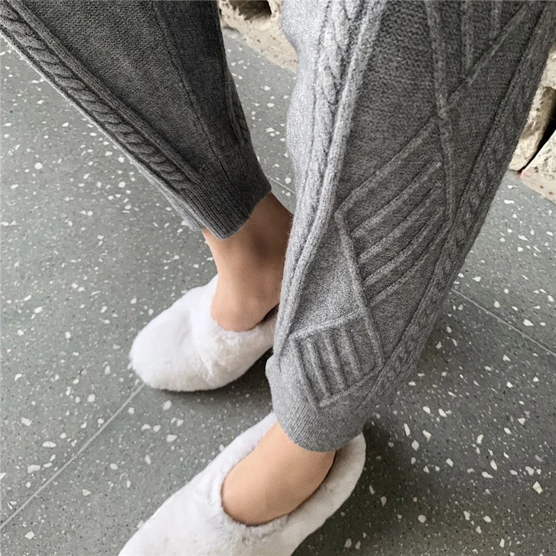 flare pants Women Winter Warm Knitted Pants Casual  Elastic High Waist Thick Chic Harem Ankle-Length Pants Korean Loose Sweater Trousers capri leggings with pockets