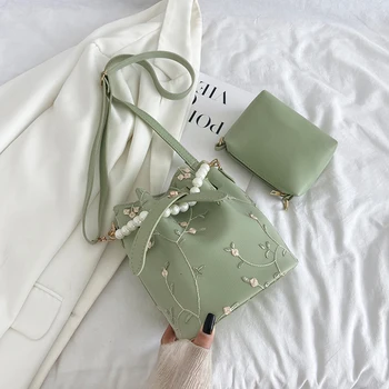 

2pcs Mesh Embroidery Messenger Handbag Women Elegant Pearl Bucket Clutch Tote PU Leather Shoulder Bag Composite Set