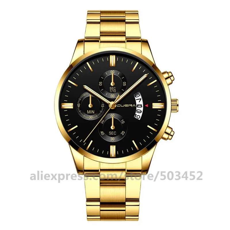 gold black 100 шт./лот CUENA 6801 три глаза модные мужские часы календарь из нержавеющей стали бизнес часы Аналоговые Дата часы наручные часы - Цвет: gold black