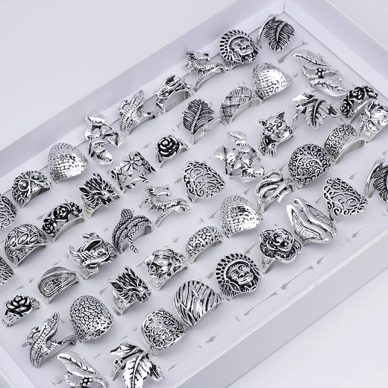 Wholesale 25pcs/Lots Vintage Mix Style Anmial Flower Rings For Women Party Gift Jewelry
