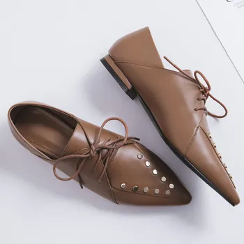

Women's genuine leather lace-up flats oxfords pointed toe leisure soft comfortable espadrilles high quality rivet casual shoes