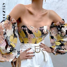 

Sexy Off Shoulder Ruffles Crop Top Women Elegant Floral Print Vintage Leaf Holiday Beach Shirt 2021 Summer Backeless Blouse Tops