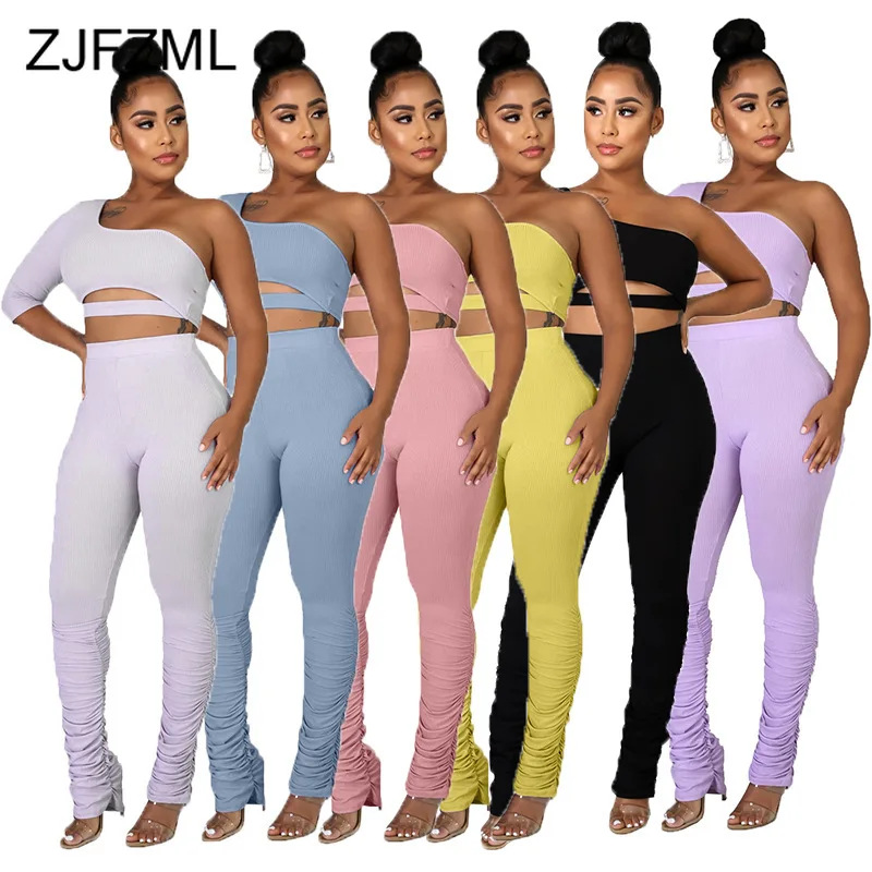 

Ribbed Knit Elastic Stacked Sweatpant For Women High Waist Ruched Bell Bottom Pant Casual Female Club Party Slim Jogger Trousers