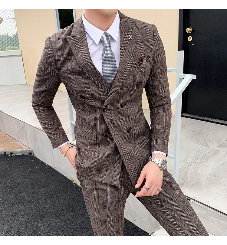 Мужской s Slim Fit двубортный костюм черный серый 3 шт смокинг джентльмена свадебный костюм для жениха деловые костюмы для мужчин Q871