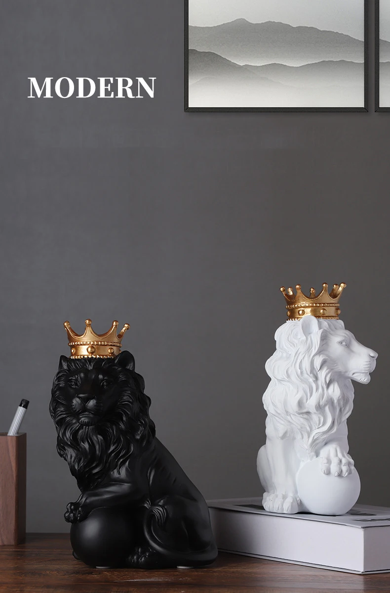 European White Black Resin Crown Lion Ornaments Home Livingroom Desktop Sculpture Crafts Cabinet Office Table Figurines Decor