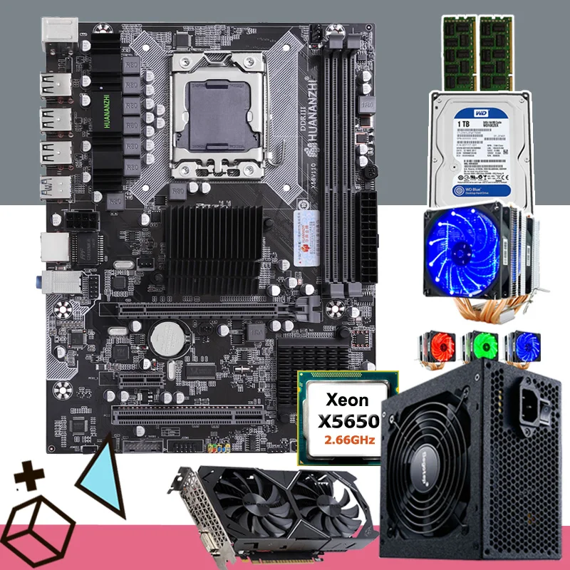 ^Cheap HUANANZHI X58 Motherboard combo with CPU Intel Xeon X5650 with cooler RAM 16G(2*8G) 500W PSU video card GTX1050Ti 4GD5 1TB HDD