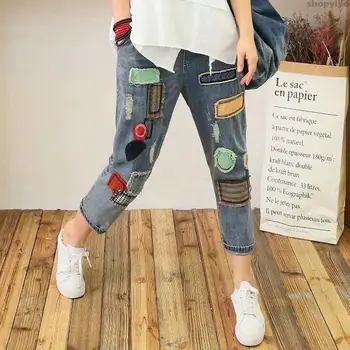 

Blue Denim Loose Summer Calf Length Panelled Pants Pantolon Trousers Casual Vintage Ethnic Retro Embroidered Patchwork Jeans