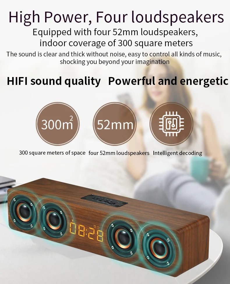 اسپیکر چوبی ساعت آلارم وایرلس رادیو پرتیبل سابوفر ۳۰۰۰ میلی آمپر Wooden Subwoofer Soundbar Portable 27 Hbd612dc5d8434f4880b8f69cc1a9958fm
