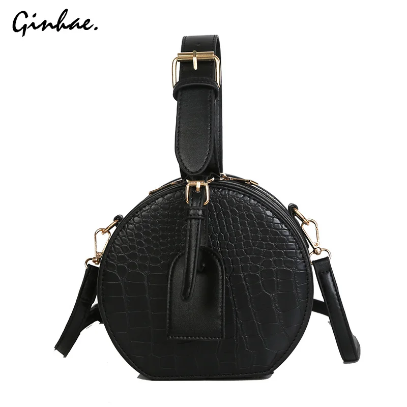 

Vintage Crocodice Pattern Circular Bags For Women Fashion Solid Handbags Wide Strap Messenger Bags Soft Leather Crossbody Bags