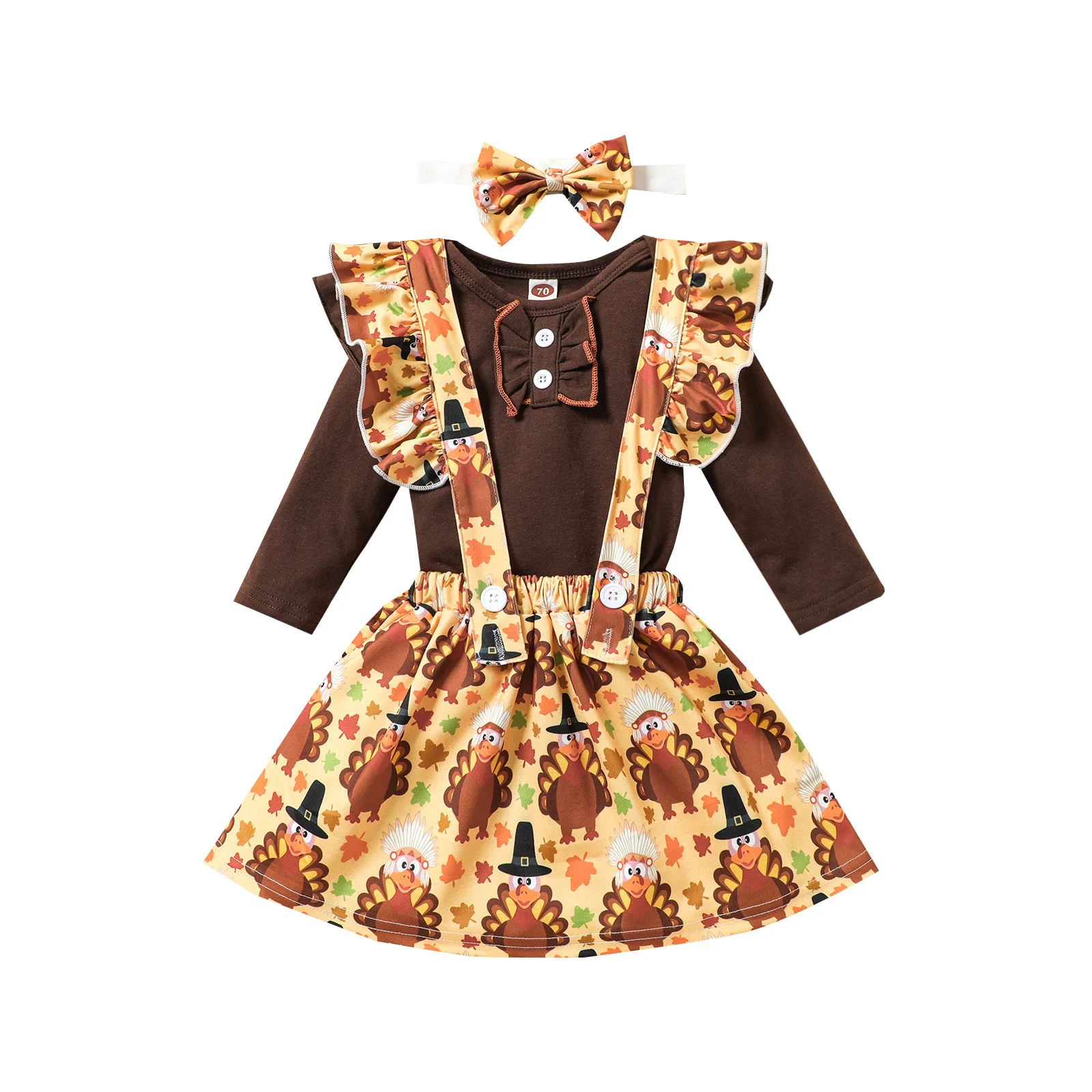 

Toddler Baby's Clothes Thanksgiving Outfits Long Sleeves Romper Cartoon Turkey Suspenders Skirt Hairband Children's Clothing Set