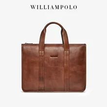 'WilliamPOLO Men Briefcase Genuine Leather Laptop Bag 15.6'' Computer Bag Cowhide Male Briefcase Cow Leather Men Bag'