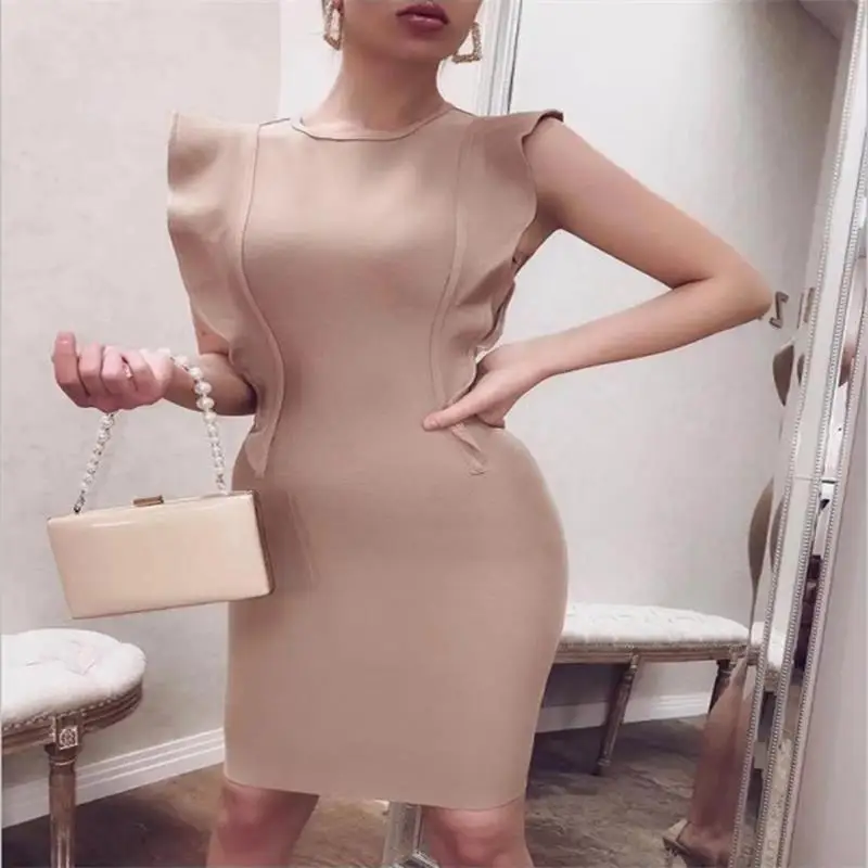 

Autumn Europe and the United States new fashion round neck ruffled solid color simple slim bag hip bandage knee-length dress se