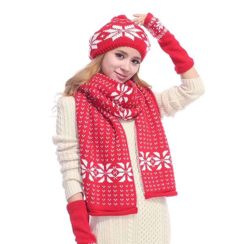 Теплый вязаный шарф 3 шт./компл. Женские Снежинки узор корейский стиль модные перчатки дышащие универсальные подарочные шапки осень/зима
