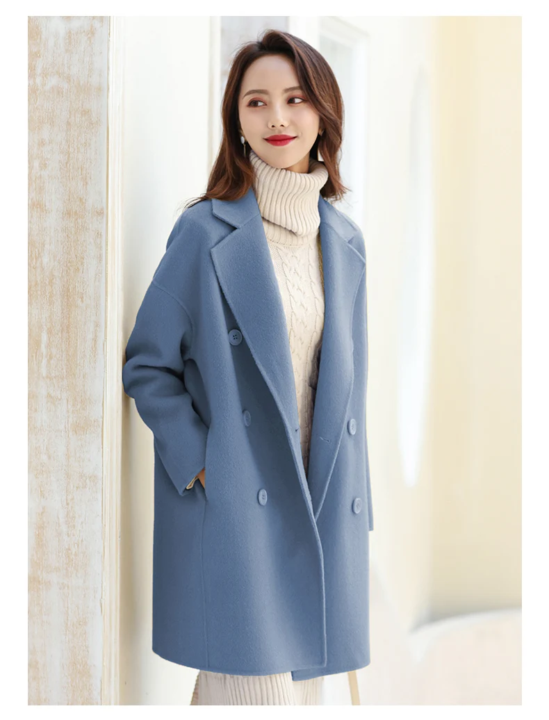 Осенние новые модные длинные кашемировые пальто женские повседневные двубортные пальто из альпаки одноцветные шерстяные женские куртки