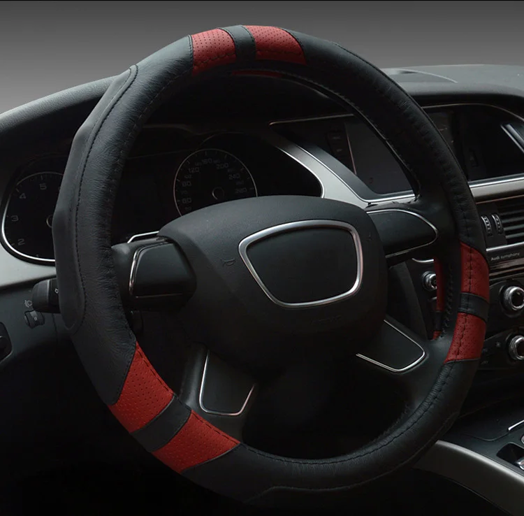 BLACK RED Автомобильные Чехлы На Руль 37-38 см, универсальные чехлы на руль из искусственной кожи, противоскользящие автомобильные аксессуары - Название цвета: BLACK RED