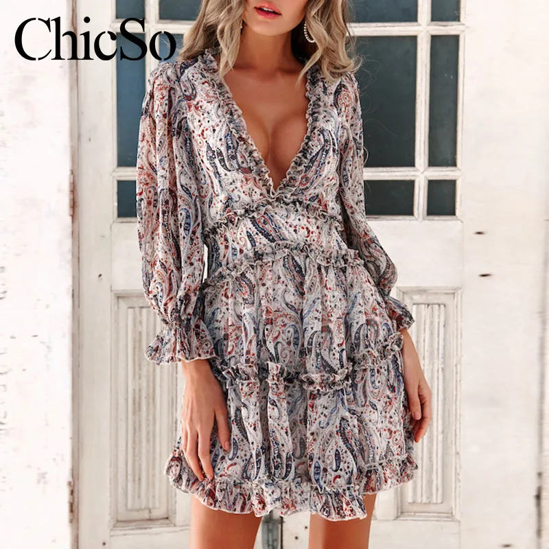 MissyChilli красное платье с длинным рукавом и цветочным рисунком женское элегантное короткое платье с v-образным вырезом и рюшами осенне-зимнее сексуальное Клубное платье с открытой спиной