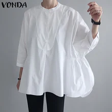 

Women 3/4 Sleeve Tops 2022 VONDA Casual Solid Button Up Chemise Shirts Blusas Femininas OL Office Formal Blouse Female Blouses