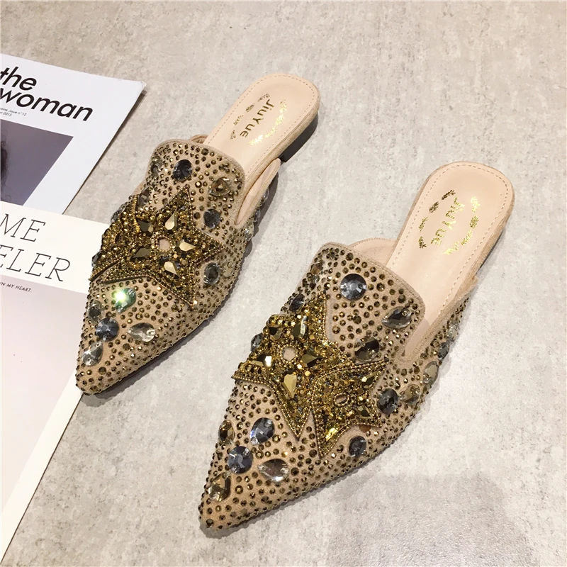 4Beige Модные шлепанцы без задника; женская обувь на плоской подошве; яркие стразы; женские летние Лоферы без шнуровки; Женская Роскошная Брендовая обувь - Цвет: 4Beige