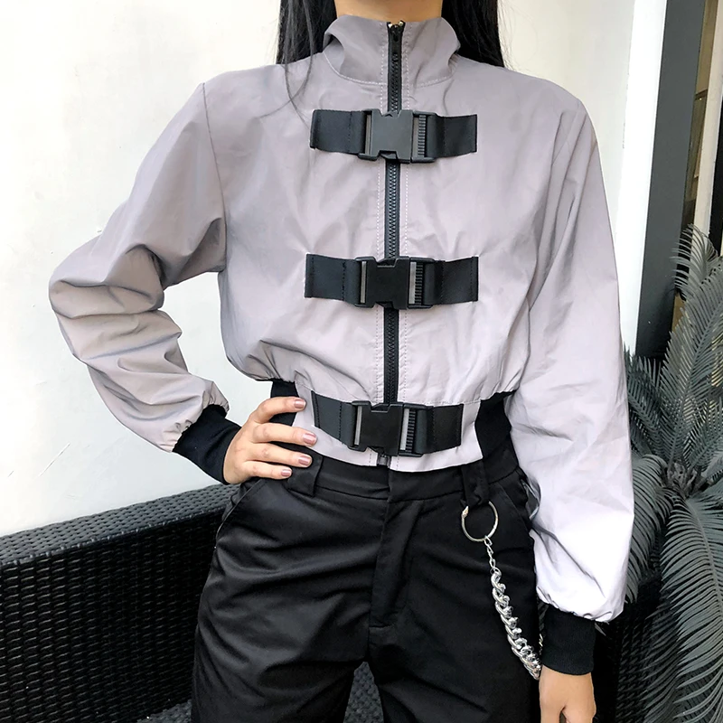 awesome  Hip Hop Reflective Crop Jacket Streetwear Buckle Patchwork Winter Jackets Women Zipper Up Long Slee