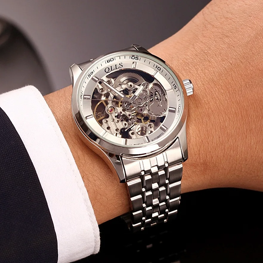 Мужские классические механические часы QLLS автоматические с каркасом Tourbillon из