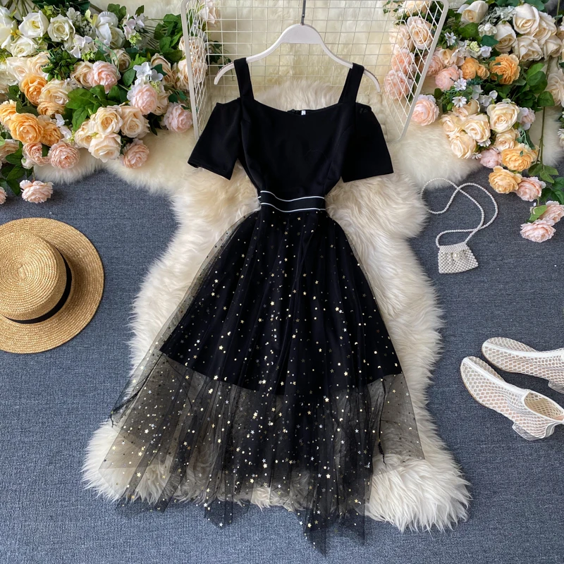 SINGRAIN femmes été Vintage Voile robe coréenne décontracté maille Patchwork une ligne Midi longue robe étoile paillettes robe de soirée 2020|Robes| - AliExpress