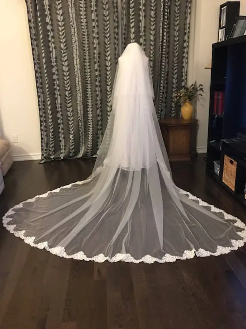 2 слоя кружева завесу полнота 10" W собор Длина 118" L кружевная свадебная вуаль короткая фата с косточкой высокого качества ручной работы, цвет белый, слоновой кости;
