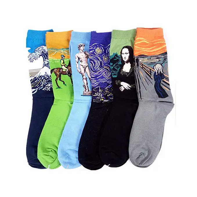 Женские носки под платье с принтом знаменитой живописи, забавные хлопковые носки с рисунком Ван Гога, женские носки, забавные носки