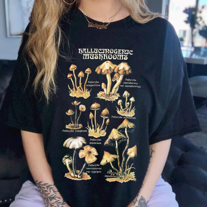 

Mushroom Print Oversized Black T-Shirt Female Aesthetic Punk Gothic Clothing Harajuku Streetwear Top Tees Women Goth Tshirt