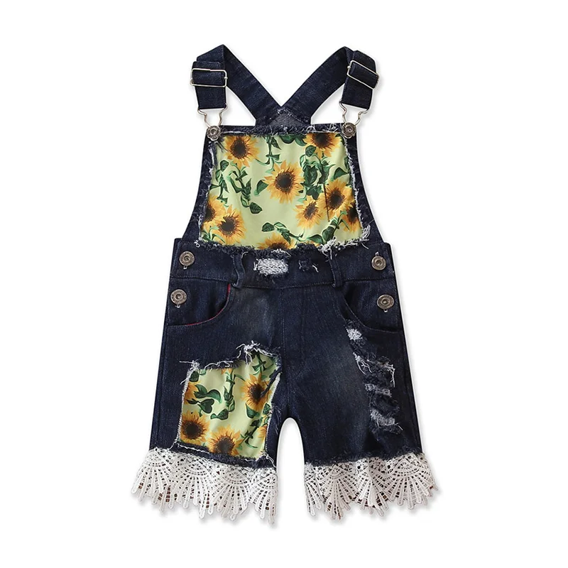 

New Summer Baby Girls Overalls Baby Suspender Pants Adjustable Waistband Sunflower Print Denim Suspender Shortalls