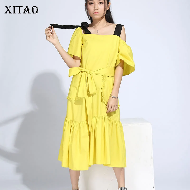 XITAO Off Shoulder Backless Midi Dress Korea Fashion New Women 2019 Pleated Bow Elegant Bandage Strapless Casual Dress HJH103 XITAO Off Shoulder Backless Midi Dress Korea Fashion New Women 2019 Pleated Bow Elegant Bandage Strapless Casual Dress HJH103