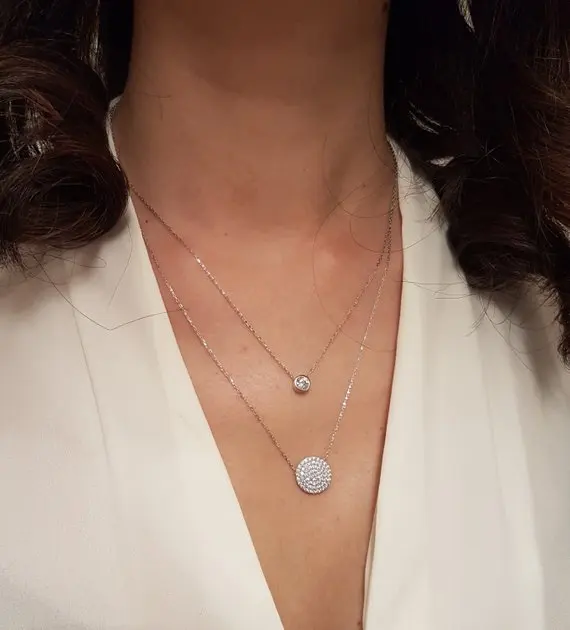 925 Sterling Silver Round Disc Pendant Double Layer Thin Chain Link Necklace Turkey Evil Eye&amp Hamsa Hand Fatima Jewelry Adorable |