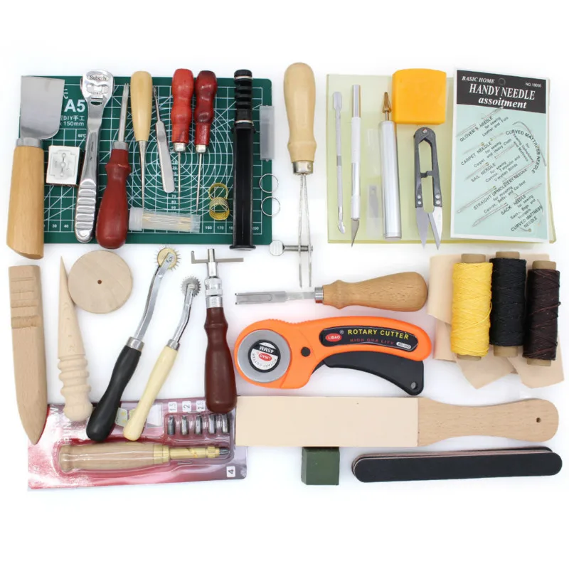 Kit de herramientas de cuero para manualidades herramientas de mano para herramientas para coser a mano, juego de estampado y fabricación de sillín Awl Edge Creaser Canvas 49 Uds - Hogar