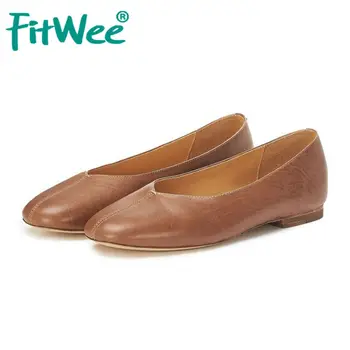 

FITWEE Women Real Leather Flats Woman Spring Casual Round Toe Fashion Solid Color Flats Daily Shoes Vacation Size 34-39
