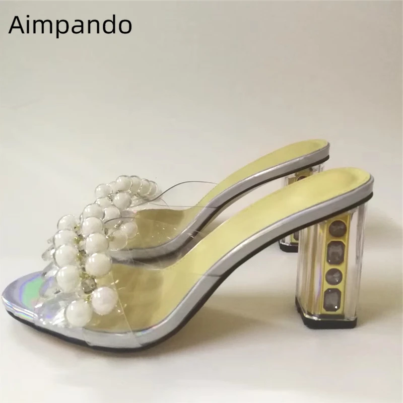 

New Design Transparent PVC Slippers Women Clear Crystal Chunky Heel Open Toe Rhinestone Flower Summer High Heel Shoes Woman