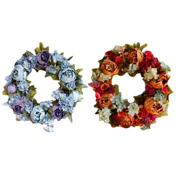 

Simulation Peony Wreath Rattan Round Garland Decoration Wall Hanging