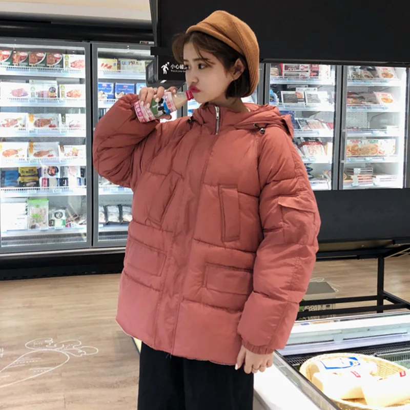

Loose-Fit Hooded Cotton-padded Jacket Winter Women's 2019 New Style Hong Kong Style INS Thick Coat Students Fashion Solid Color
