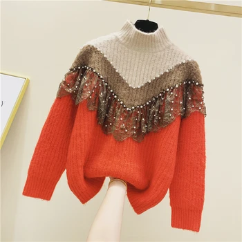 

Turtleneck Mesh Panel Sweater Women's Winter Loose Sweaters Pullovers Autumn and Winter New Women's Sweater Knitwear Jumper