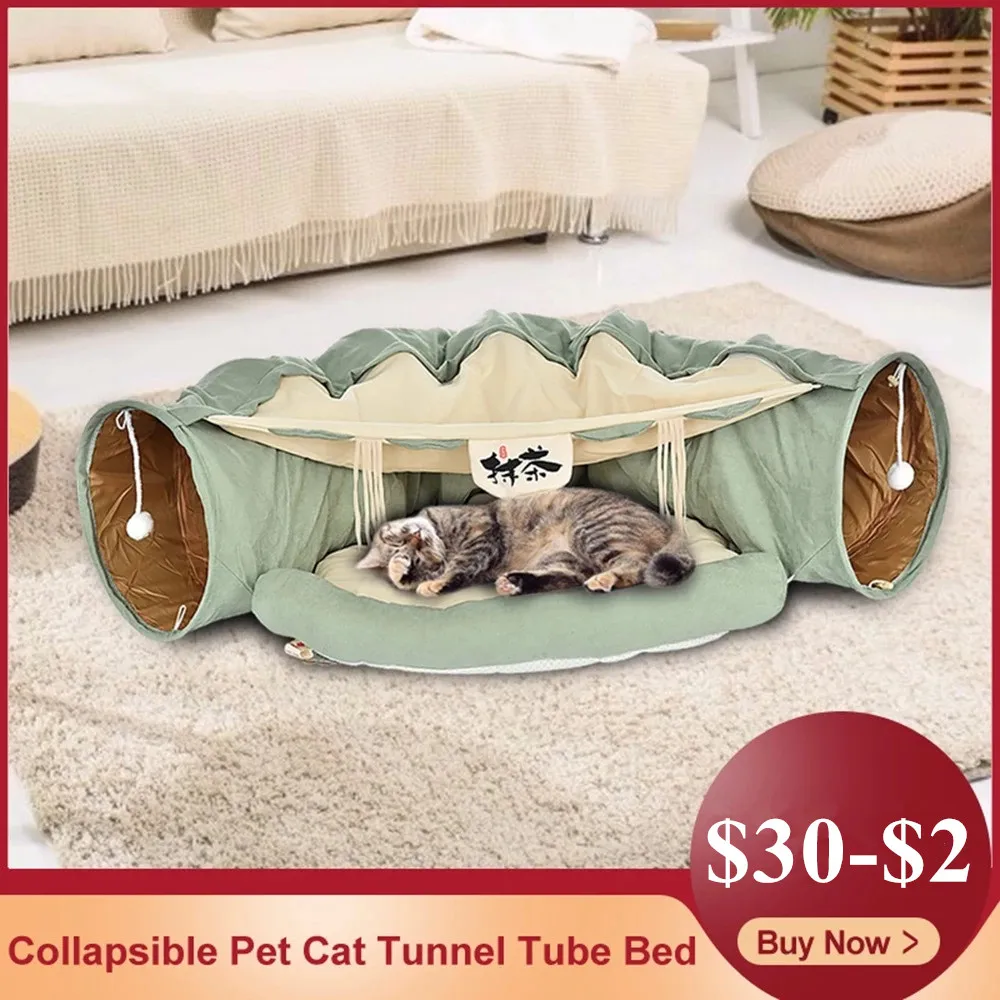Tubo de túnel extraíble plegable para gatos, juguetes interactivos para mascotas, cama caliente para dormir, alfombrilla para casa de gatos, hurones y cachorros