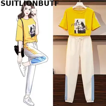 

Perfect Quality 2020 Summer 4XL Plus Size 2 Piece Set Letter Print T Shirt Elastic Waist Pants Ropa Mujer Tracksuit Women Korean